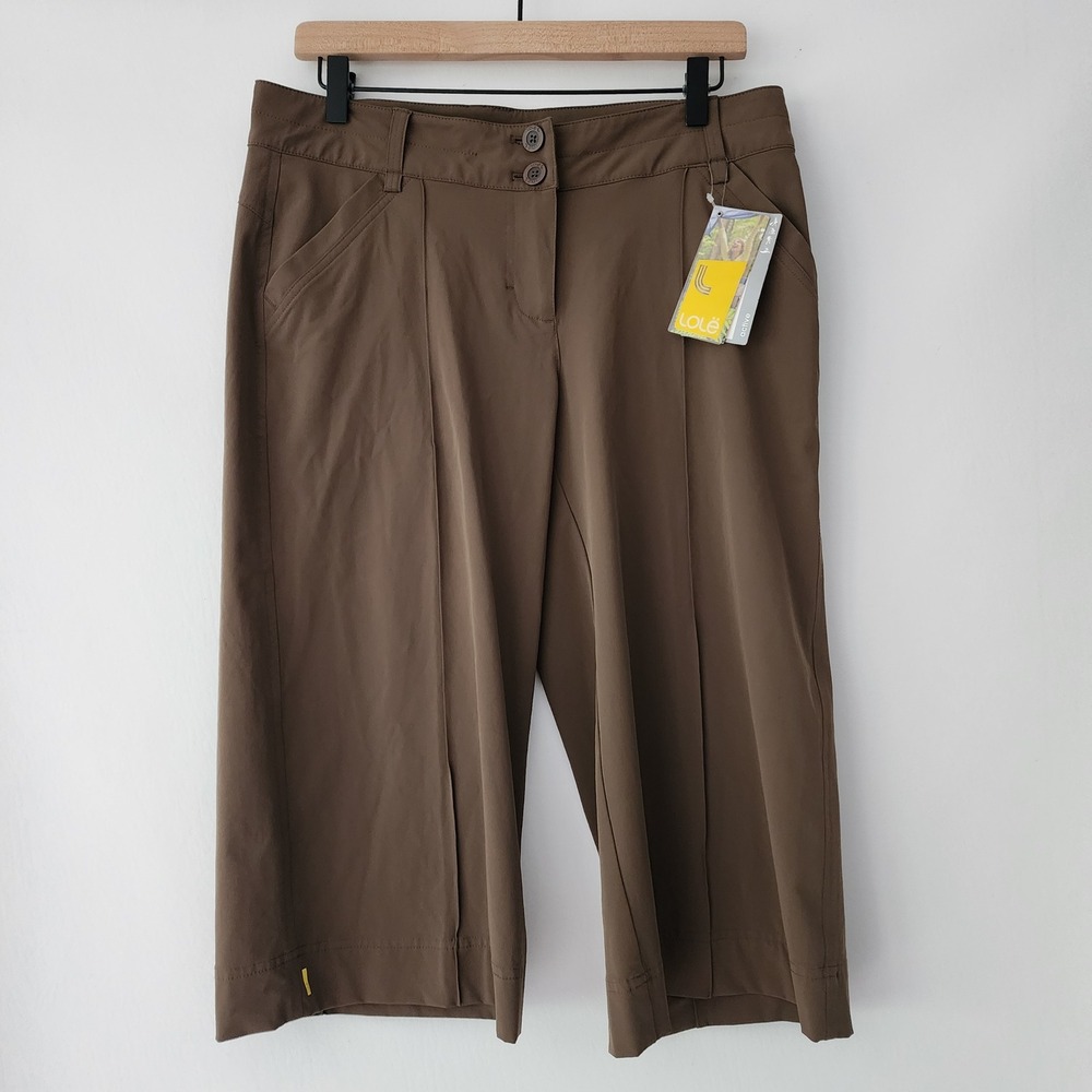 NEW Lole UPF 50 wrinkle free stretch capri gaucho brown pants womens size 10